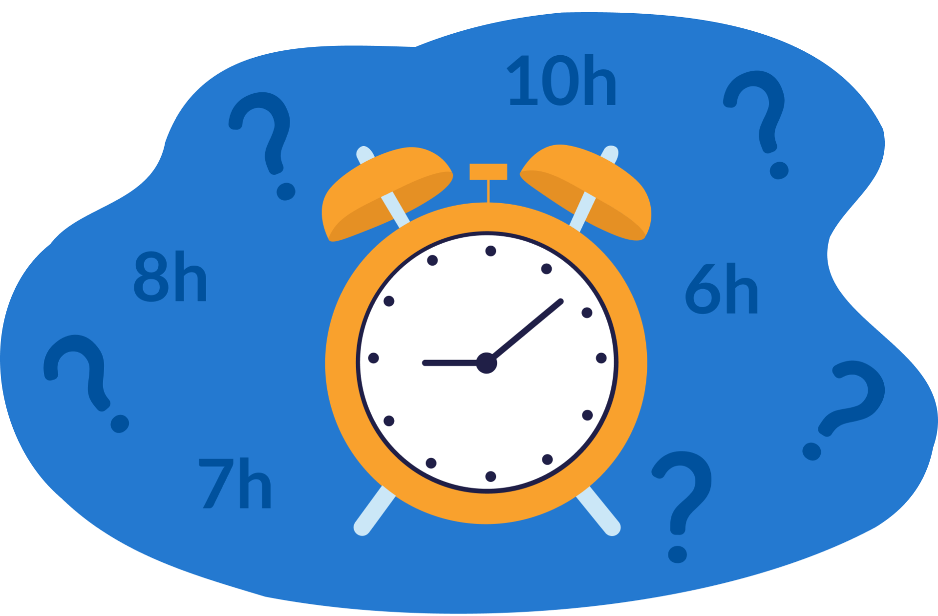 Ilustração de relógio rodeado de horas diferentes e pontos de interrogação